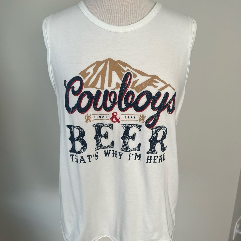 White Graphic Tank Top with Cowboys & Beer Print